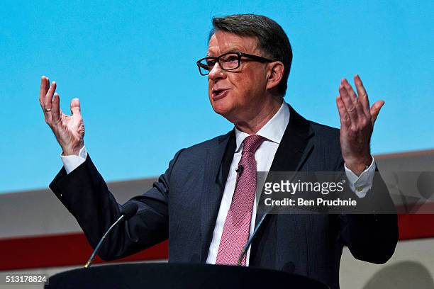 Lord Mandelson delivers a keynote speech during an event hosted by the Britain Stronger In Europe campaign on March 1, 2016 in London, England. The...