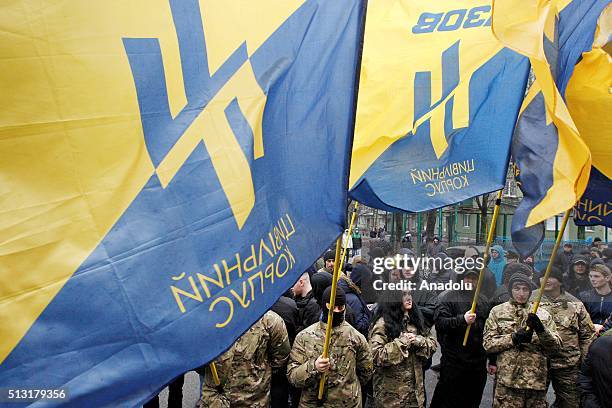 Members and supporters of regiment "Azov" stage a protest against detention of Head of the Civil Corps "Azov-Crimea" Stanislav Krasnov and activist...