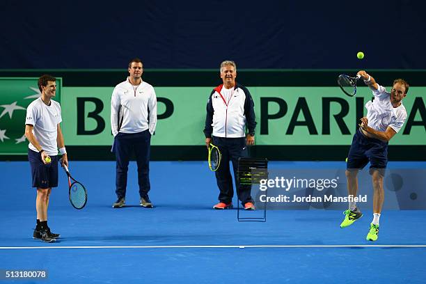 Jamie Murray, Captain Leon Smith, coach Louis Cayer and Dom Inglot during a practice session ahead of the start of the Davis Cup tie between Great...