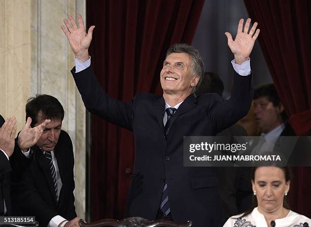 Argentine President Mauricio Macri waves during the inauguration of the 134th period of ordinary sessions at the Congress in Buenos Aires, Argentina...