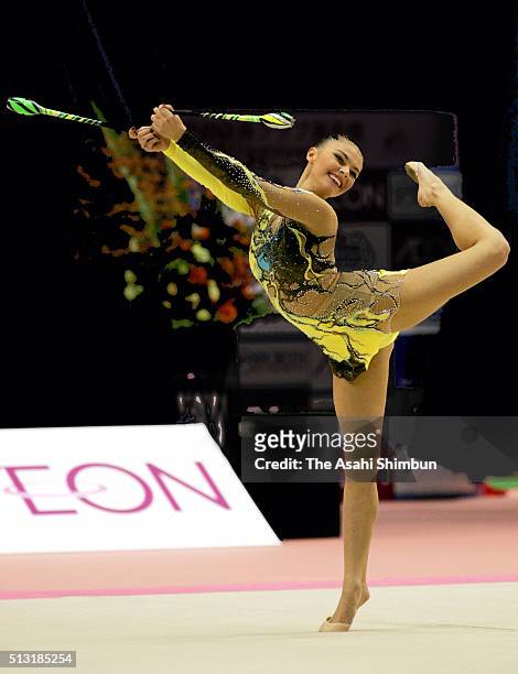 Alina Kabaeva of Russia competes in the Clubs during day one of the Rhythmic Gymnastics Aeon Cup at the Tokyo metropolitan Gymnasium on October 8,...