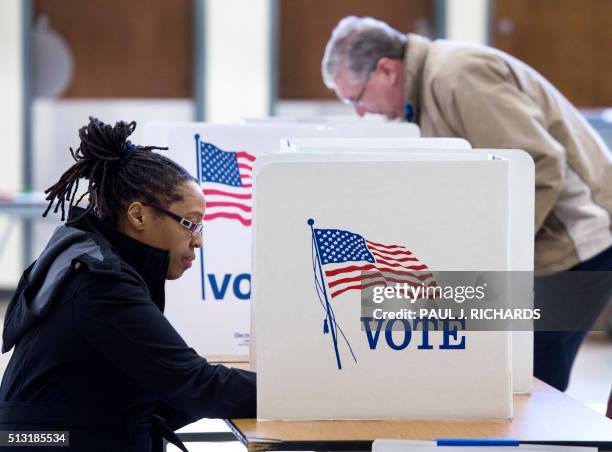 People vote in the Super Tuesday primary at Centreville High School March 1 in Centreville, Virginia. Voters in a dozen states will take part in...