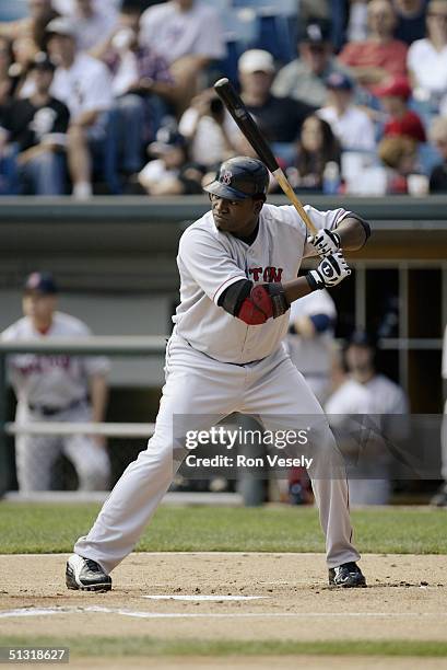 Designated hitter David Ortiz of the Boston Red Sox bats during the game against the Chicago White Sox at U.S. Cellular Field on August 21, 2004 in...