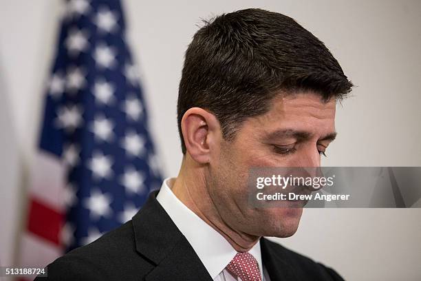 Speaker of the House Paul Ryan pauses while speaking to the media after closed-door meeting with House Republicans, on Capitol Hill, March 1, 2016 in...