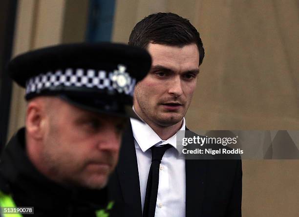 Footballer Adam Johnson leaves Bradford Crown Court for day thirteen of the trial where he is facing child sexual assault charges on March 1, 2016 in...