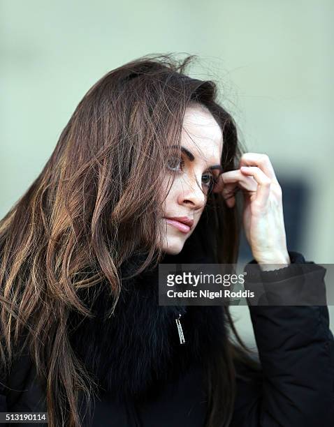 Footballer Adam Johnson's former partner Stacey Flounders leaves Bradford Crown Court during day thirteen of the trial where he is facing child...