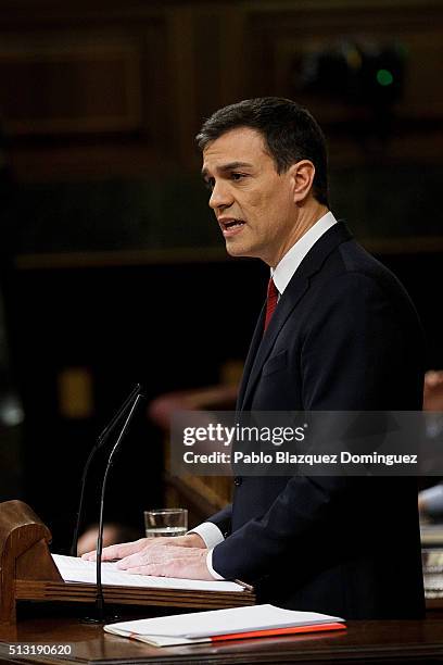 Spanish Socialist Party leader Pedro Sanchez, speaks during a debate to form a new government at the Spanish Parliament on March 1, 2016 in Madrid,...