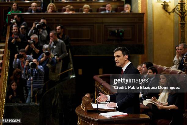 Spanish Socialist Party leader Pedro Sanchez, speaks during a debate to form a new government at the Spanish Parliament on March 1, 2016 in Madrid,...