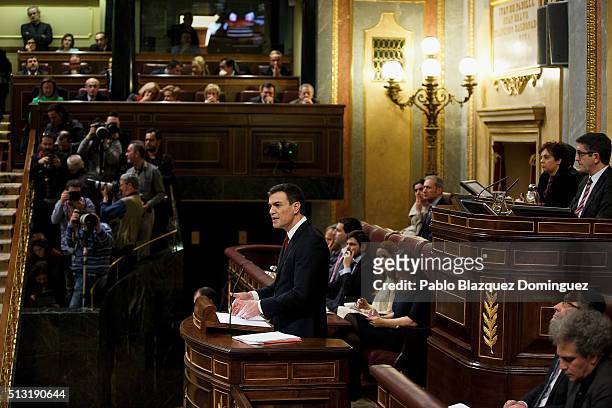 Spanish Socialist Party leader Pedro Sanchez, speaks during a debate to form a new government at the Spanish Parliament on March 1, 2016 in Madrid,...