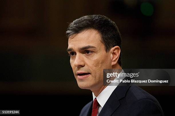 Spanish Socialist Party leader Pedro Sanchez, speaks during a debate to form a new government at the Spanish Parliament on March 1, 2016 in Madrid,...