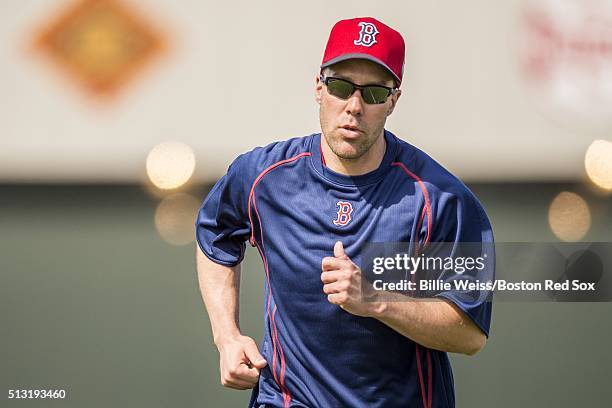 David Murphy of the Boston Red Sox runs during a team workout on March 1, 2016 at Fenway South in Fort Myers, Florida .