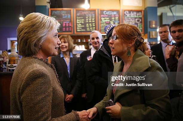 Democratic presidential candidate former Secretary of State Hillary Clinton greets patrons at Mapps Coffee on March 1, 2016 in Minneapolis,...