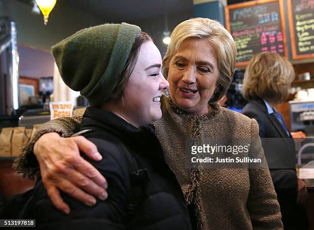 Democratic presidential candidate former Secretary of State Hillary Clinton greets patrons at Mapps Coffee on March 1, 2016 in Minneapolis,...
