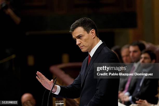 Spanish Socialist Party leader Pedro Sanchez, speaks during a debate to form a new government at the Spanish Parliament on March 1, 2016 in Madrid,...