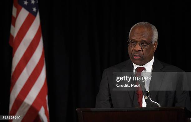 Supreme Court Justice Clarence Thomas speaks at the memorial service for former Supreme Court Justice Antonin Scalia at the Mayflower Hotel March 1,...