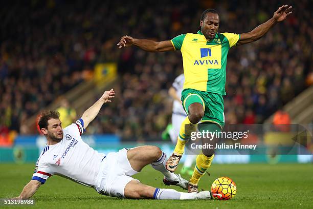Cameron Jerome of Norwich City and Branislav Ivanovic of Chelsea compete for the ball during the Barclays Premier League match between Norwich City...