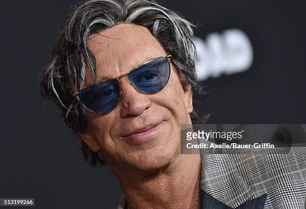 Actor Mickey Rourke arrives at the premiere of Open Road's 'Triple 9' at Regal Cinemas L.A. Live on February 16, 2016 in Los Angeles, California.
