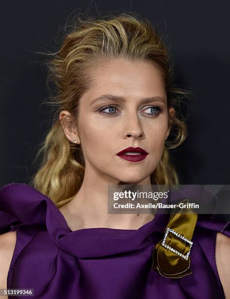 Actress Teresa Palmer arrives at the premiere of Open Road's 'Triple 9' at Regal Cinemas L.A. Live on February 16, 2016 in Los Angeles, California.