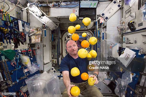 In this handout photo provided by NASA, NASA astronaut Scott Kelly corrals the supply of fresh fruit that arrived on the Kounotori 5 H-II Transfer...