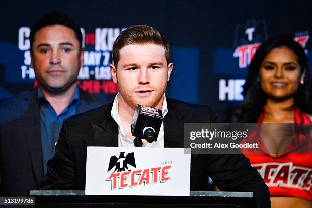 Canelo Alvarez promotes his fight against Amir Khan during a press event to at the Hard Rock Cafe on March 1, 2016 in New York City.