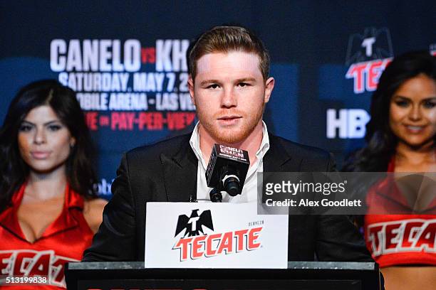 Canelo Alvarez promotes his fight against Amir Khan during a press event to at the Hard Rock Cafe on March 1, 2016 in New York City.