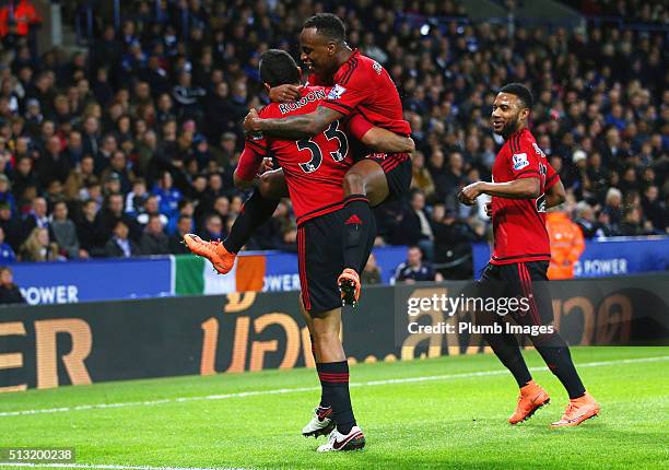 Salomon Rondon of West Bromwich Albion celebrates with Saido Berahino of West Bromwich Albion after scoring to make it 0-1 during the Barclays...
