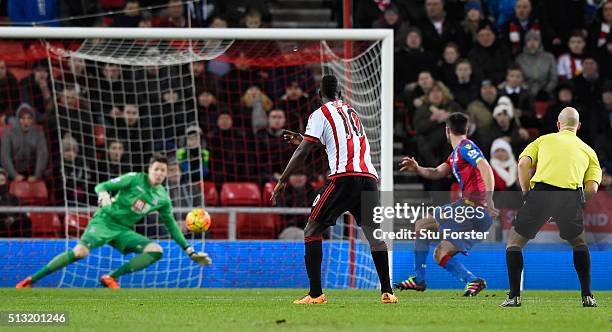 Dame N'Doye of Sunderland scores his team's first goal after his shot deflected by Scott Dann of Crystal Palace during the Barclays Premier League...