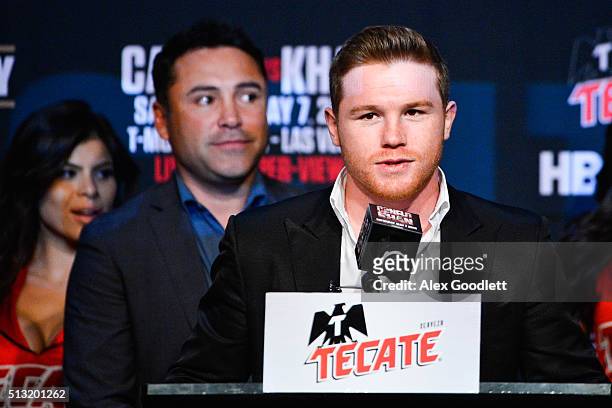 Canelo Alvarez promotes his fight against Amir Khan during a press event to at the Hard Rock Cafe on March 1, 2016 in New York City.