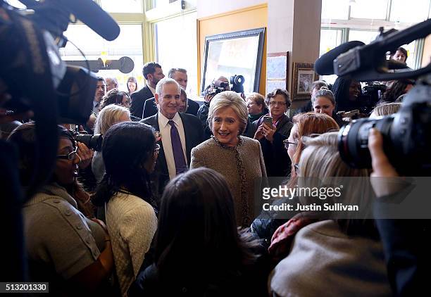Democratic presidential candidate former Secretary of State Hillary Clinton greets patrons at Mapps Coffee on March 1, 2016 in Minneapolis,...