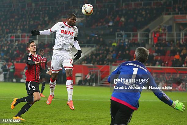 Anthony Modeste of Koeln score the firts team goal against Ramazan Oezcan , keeper of Ingolstadt during the Bundesliga match between FC Ingolstadt...