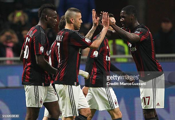 Jeremy Menez of AC Milan celebrates his second goal with his team-mate Cristian Zapata during the TIM Cup match between AC Milan and US Alessandria...