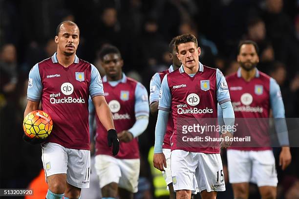 Gabriel Agbonlahor and Ashley Westwood of Aston Villa show their frustration after Everton's third goal during the Barclays Premier League match...