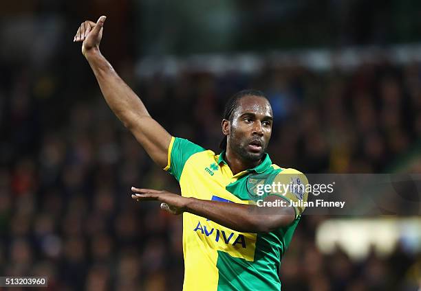 Cameron Jerome of Norwich City gestures during the Barclays Premier League match between Norwich City and Chelsea at Carrow Road on March 1, 2016 in...