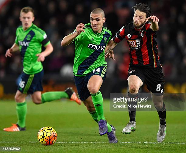 Oriol Romeu of Southampton and Harry Arter of Bournemouth compete for the ball during the Barclays Premier League match between A.F.C. Bournemouth...