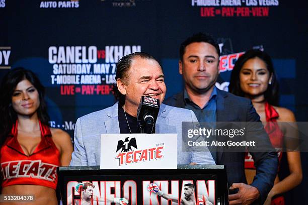 Canelo Alvarez's manager Jose "Chepo" Reynoso promotes a fight against Amir Khan during a press event at the Hard Rock Cafe on March 1, 2016 in New...