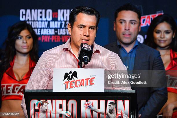 Canelo Alvarez's trainer Eddy Reynoso promotes a fight against Amir Khan during a press event at the Hard Rock Cafe on March 1, 2016 in New York City.