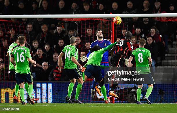 Benik Afobe of Bournemouth heads the ball to score his team's second goal during the Barclays Premier League match between A.F.C. Bournemouth and...