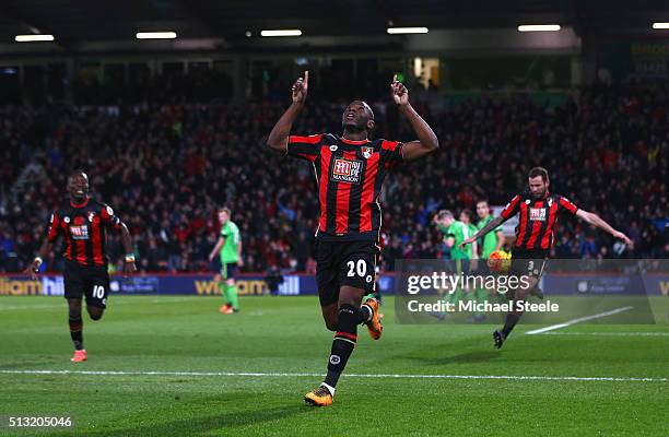 Benik Afobe of Bournemouth celebrates scoring his team's second goal during the Barclays Premier League match between A.F.C. Bournemouth and...