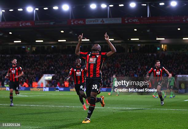 Benik Afobe of Bournemouth celebrates scoring his team's second goal during the Barclays Premier League match between A.F.C. Bournemouth and...