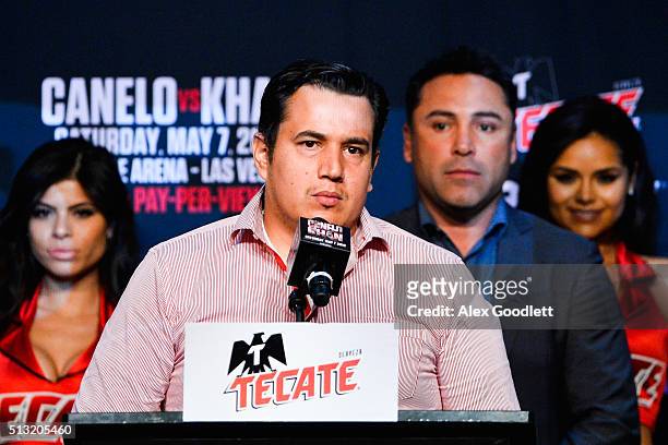 Canelo Alvarez's trainer Eddy Reynoso promotes a fight against Amir Khan during a press event at the Hard Rock Cafe on March 1, 2016 in New York City.