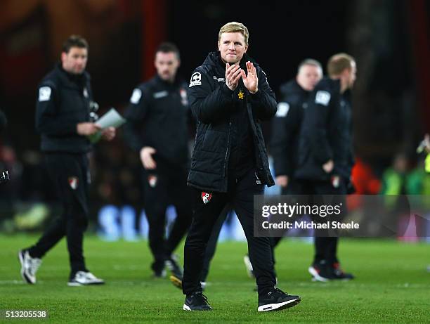 Eddie Howe Manager of Bournemouth applauds home supporters after his team's 2-0 win in the Barclays Premier League match between A.F.C. Bournemouth...