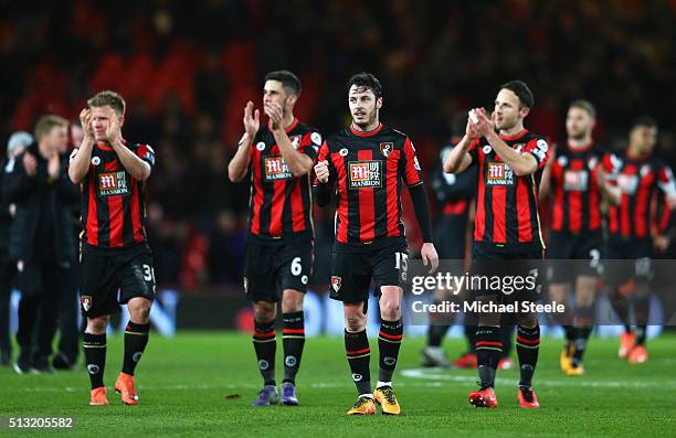 Bournemouth players applauds home supporters after their 2-0 win in the Barclays Premier League match between A.F.C. Bournemouth and Southampton at...