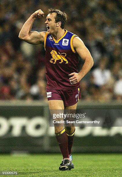 Daniel Bradshaw for Brisbane celebrates kicking a goal during the Second Preliminary Final between the Brisbane Lions and Geelong Cats at the...