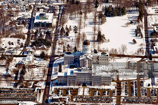 The Maine State Capitol bulding Wednesday, February 25 is seen in this aerial photograph.