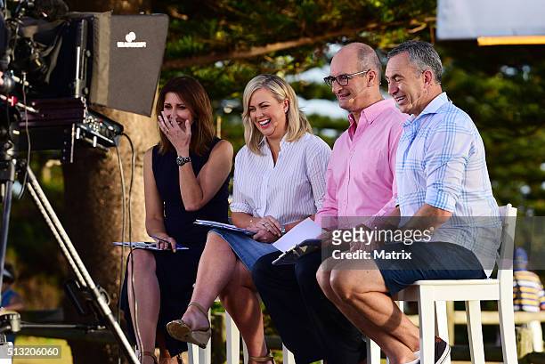 Natalie Barr, Samantha Armytage, David Koch and Mark Beretta are seen on set during a Sunrise filming at Palm Beach on March 2, 2016 in Sydney,...