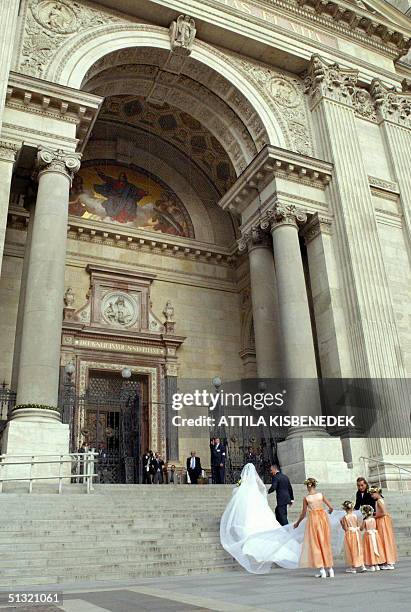 Hungarian born Andrea Meszaros, the bride of Carlo Ponti who is the son of Italian actress Sophia Loren and Italian producer Carlo Ponti walks up the...