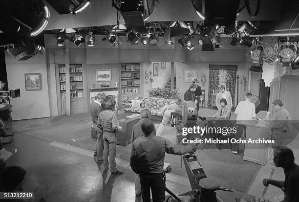 Henry Winkler , Scott Baio and Ted McGinley rehearse on the set of 'Happy Days' at Paramount Studios on March 5, 1981 in Los Angeles, California.