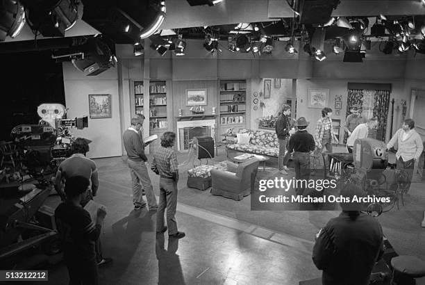 Henry Winkler , Scott Baio and Ted McGinley rehearse on the set of 'Happy Days' at Paramount Studios on March 5, 1981 in Los Angeles, California.