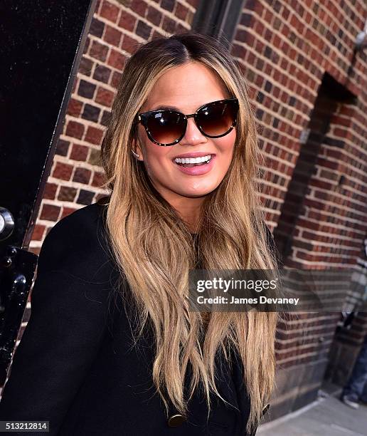 Chrissy Teigen arrives at "The Late Show With Stephen Colbert" at the Ed Sullivan Theater on March 1, 2016 in New York City.