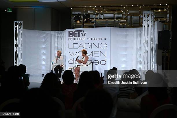 Democratic presidential candidate former Secretary of State Hillary Clinton speaks with BET Chairman and CEO Debra Lee during the BET Networks...